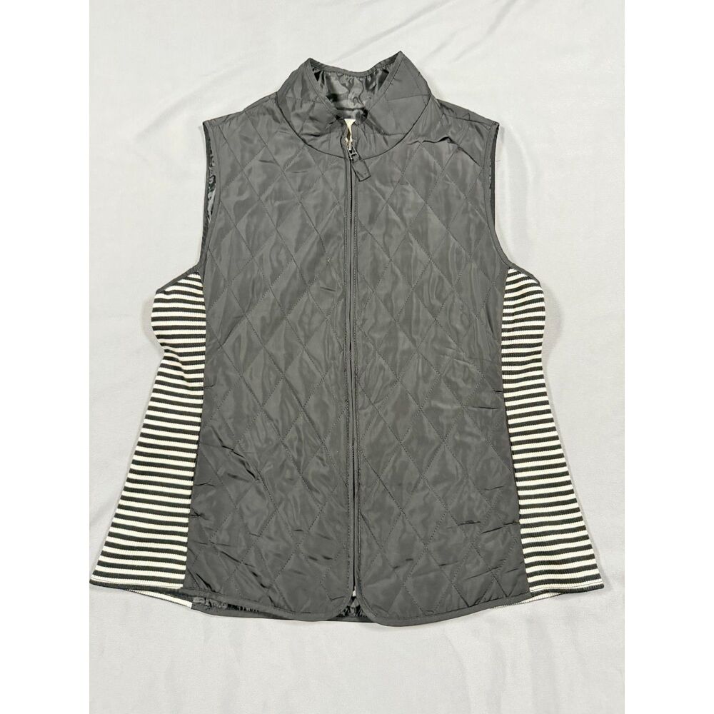 Talbots Black Quilted Vest with Striped Side Panels - Size Medium - Full Zip
